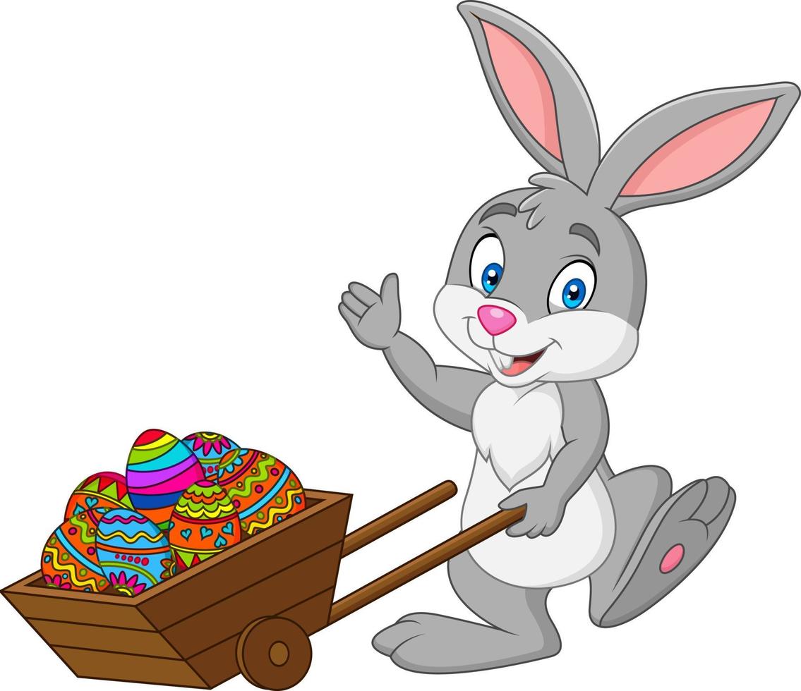 cartone animato coniglio spingendo il carrello pieno di uova di Pasqua vettore