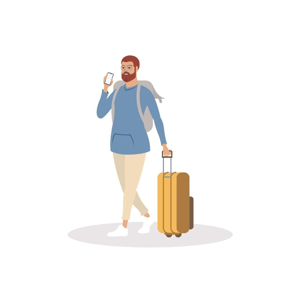 uomo con i bagagli a piedi in aeroporto su sfondo bianco isolato. vettore