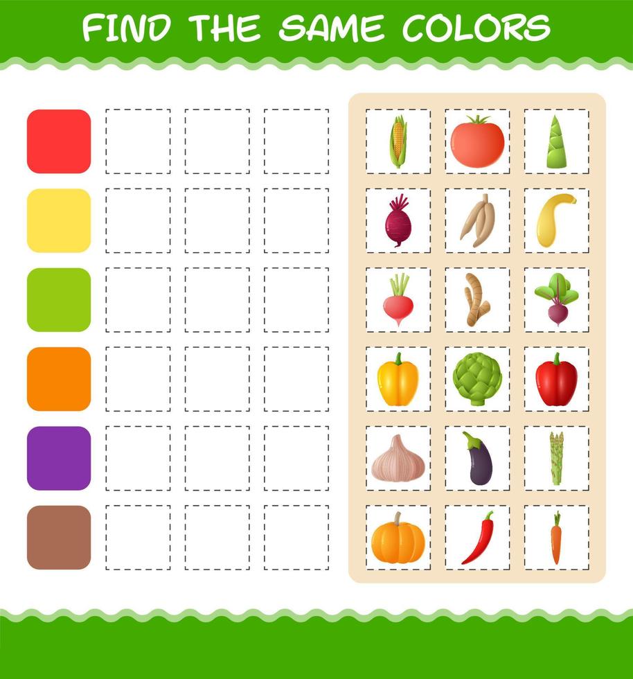 trovare gli stessi colori delle verdure. gioco di ricerca e abbinamento. gioco educativo per bambini e bambini in età prescolare vettore
