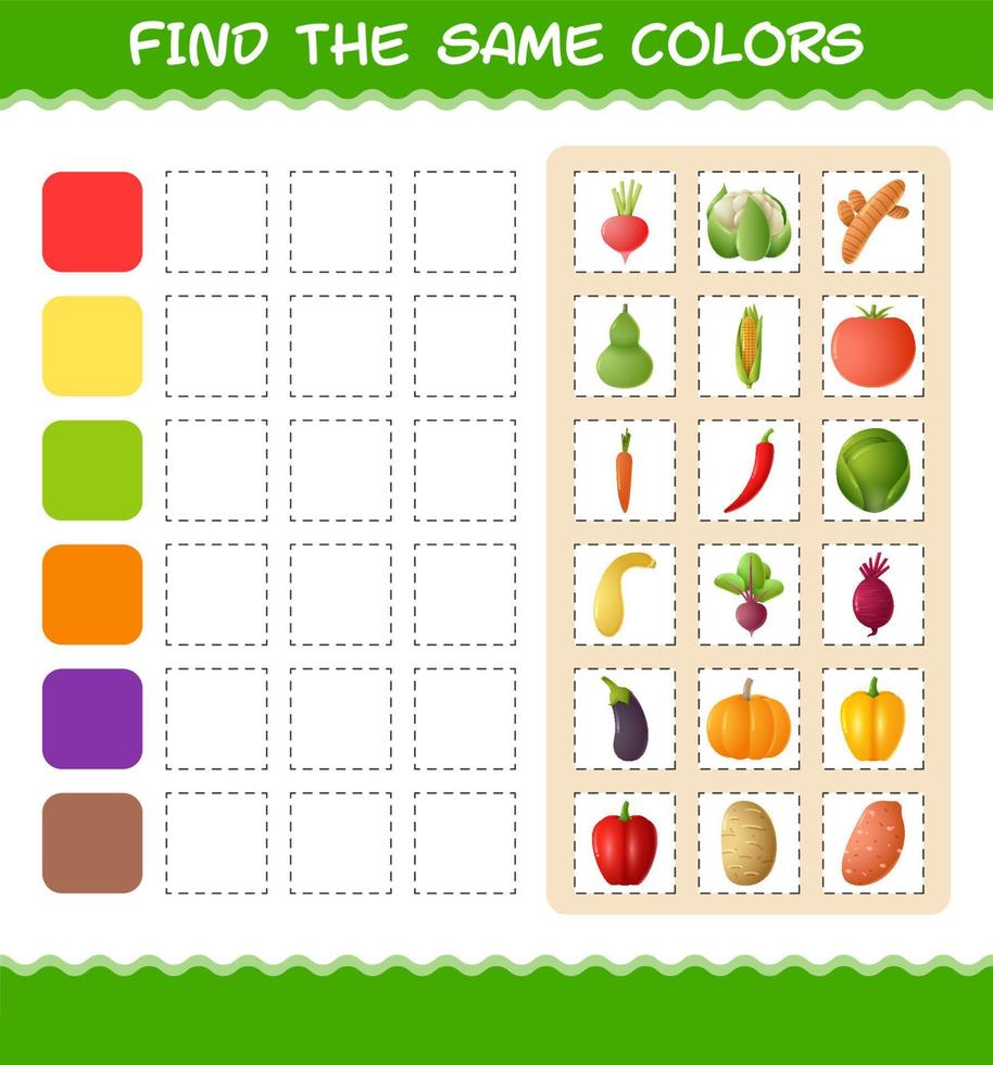 trovare gli stessi colori delle verdure. gioco di ricerca e abbinamento. gioco educativo per bambini e bambini in età prescolare vettore