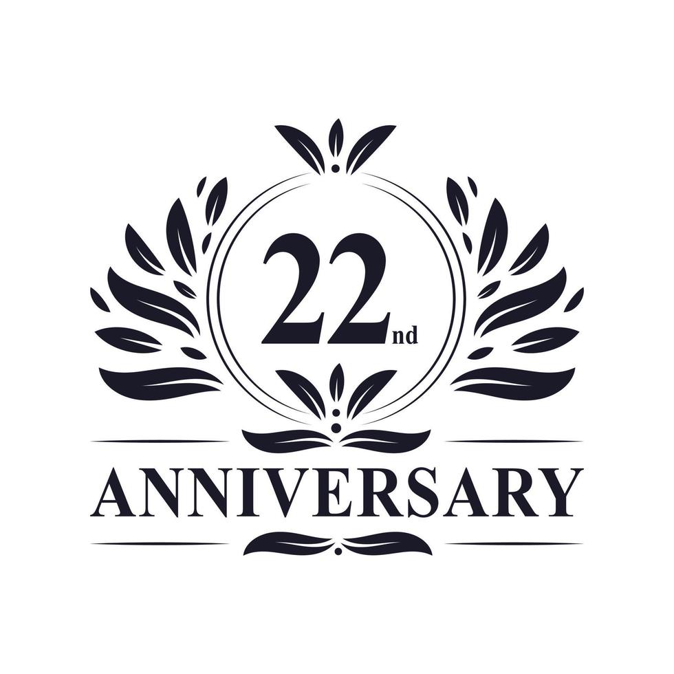 Celebrazione del 22° anniversario, lussuoso logo dell'anniversario di 22 anni. vettore