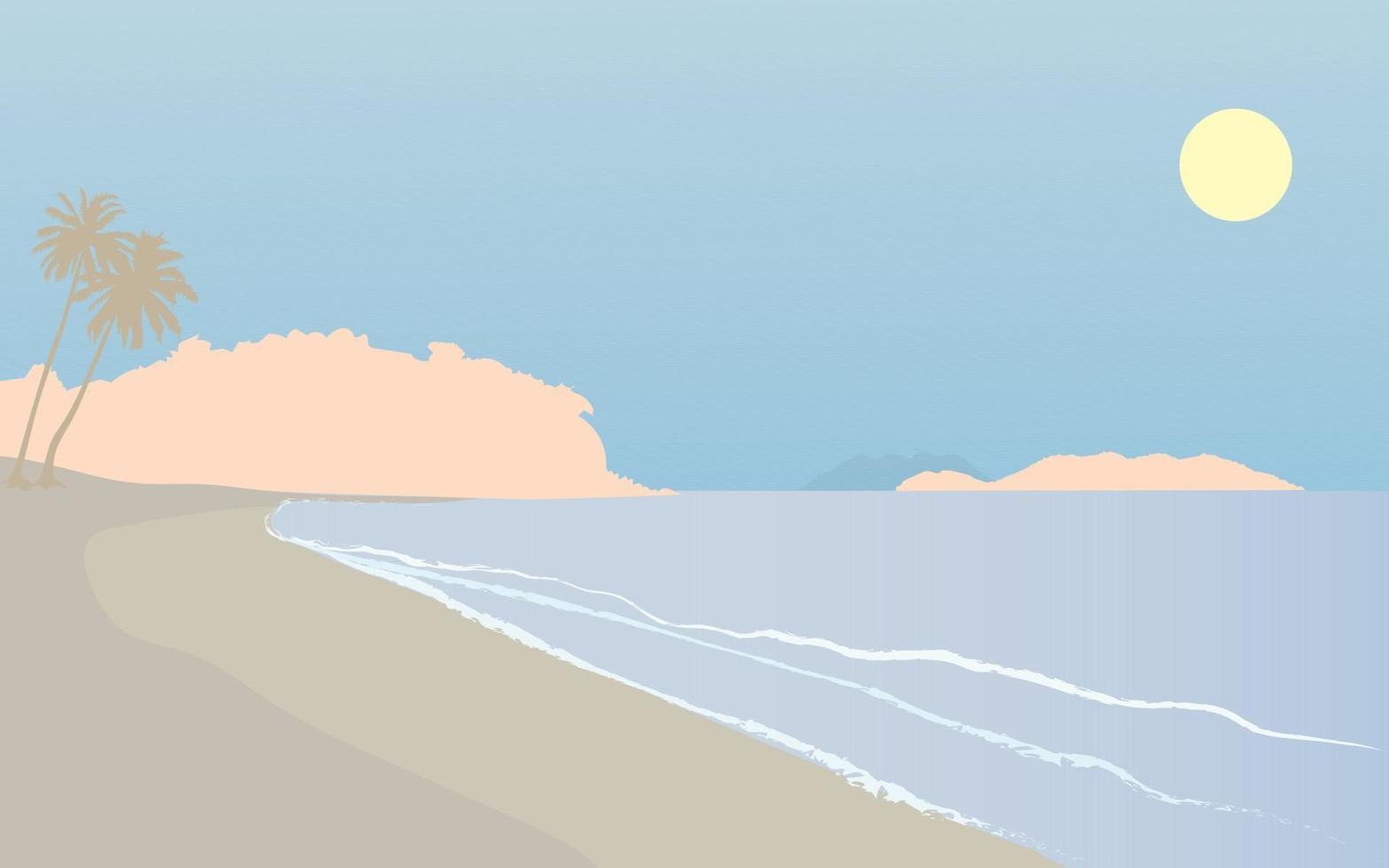 illustrazione vettoriale di mare, spiaggia di sabbia e montagne, toni pastello.