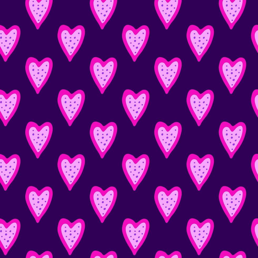 carino viola senza cuciture con i biscotti a forma di cuore di doodle. vettore