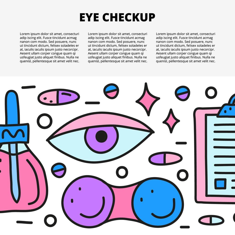 modello di articolo con spazio per testo e icone di oftalmologia colorate doodle tra cui occhio, flacone per pipette, custodia per lenti, appunti vuoti isolati su sfondo bianco. vettore
