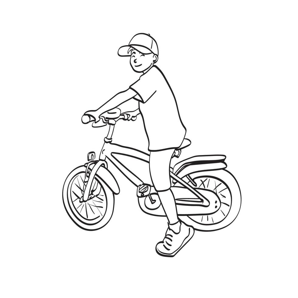 line art ragazzo sorridente con cappuccio in sella a una bicicletta illustrazione vettore disegnato a mano isolato su sfondo bianco