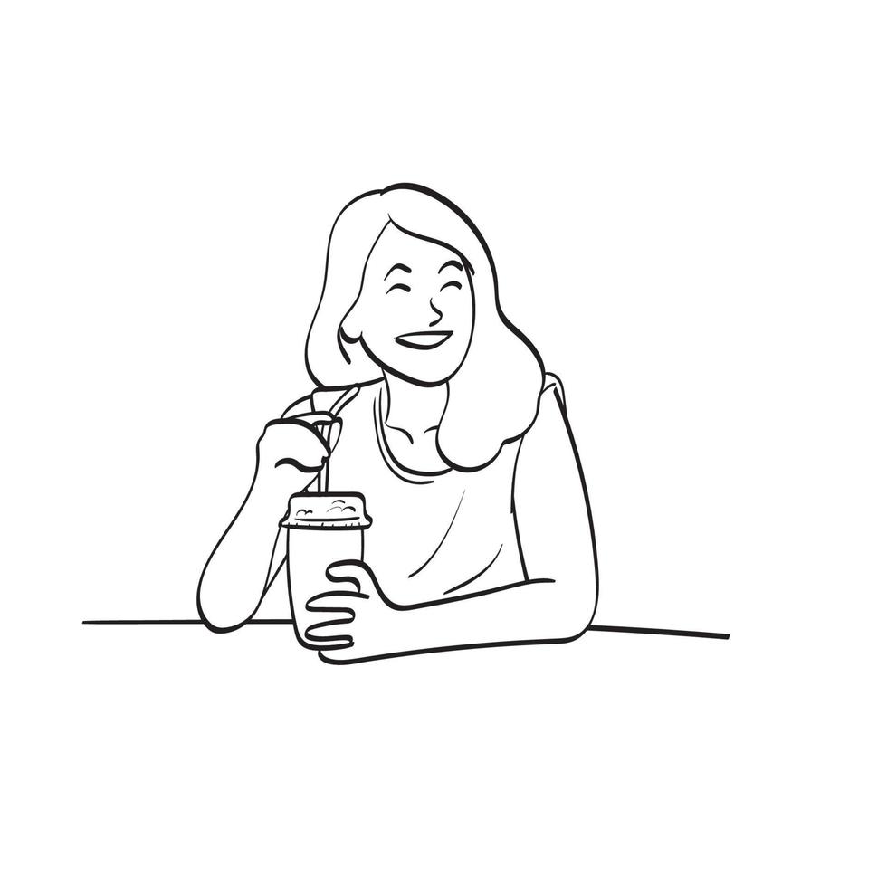 donna sorridente che tiene caffè freddo da asporto sul tavolo illustrazione vettoriale disegnato a mano isolato su sfondo bianco line art.