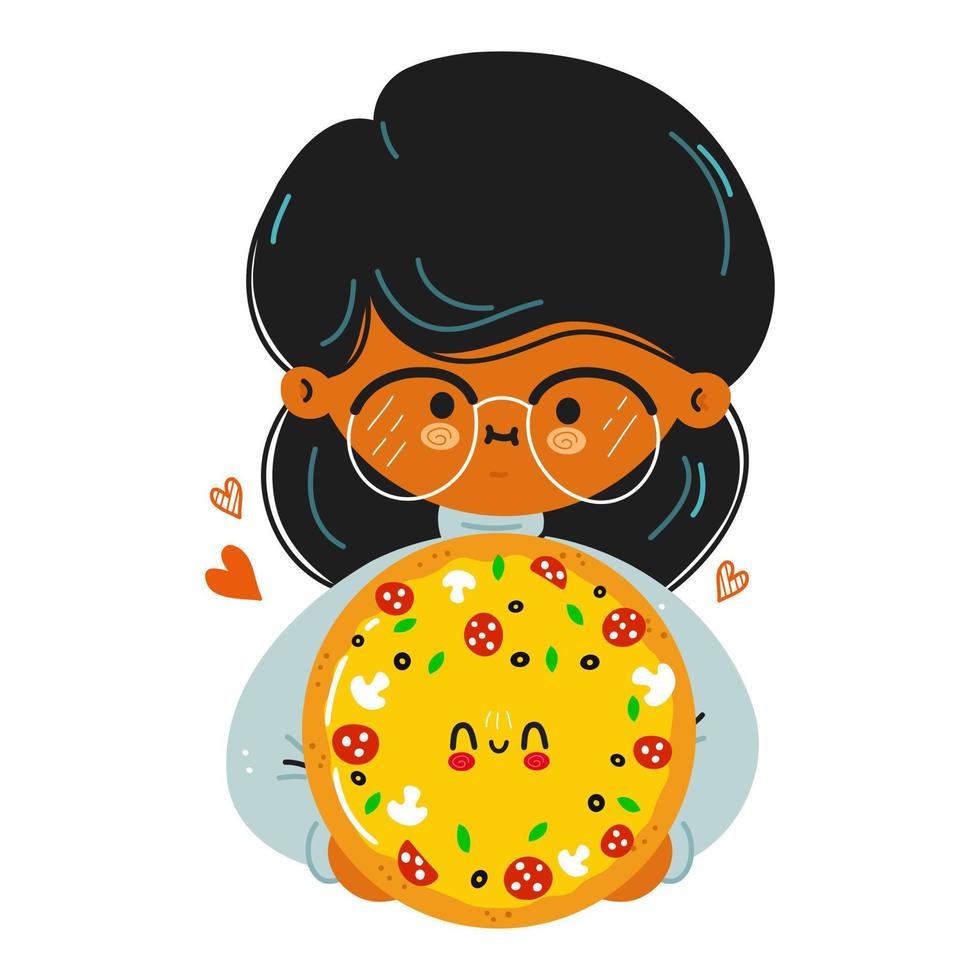 giovane ragazza carina e divertente tenere la pizza in mano. la ragazza abbraccia una pizza carina. disegno dell'icona dell'illustrazione del personaggio dei cartoni animati di stile di doodle disegnato a mano di vettore. isolato su sfondo bianco vettore