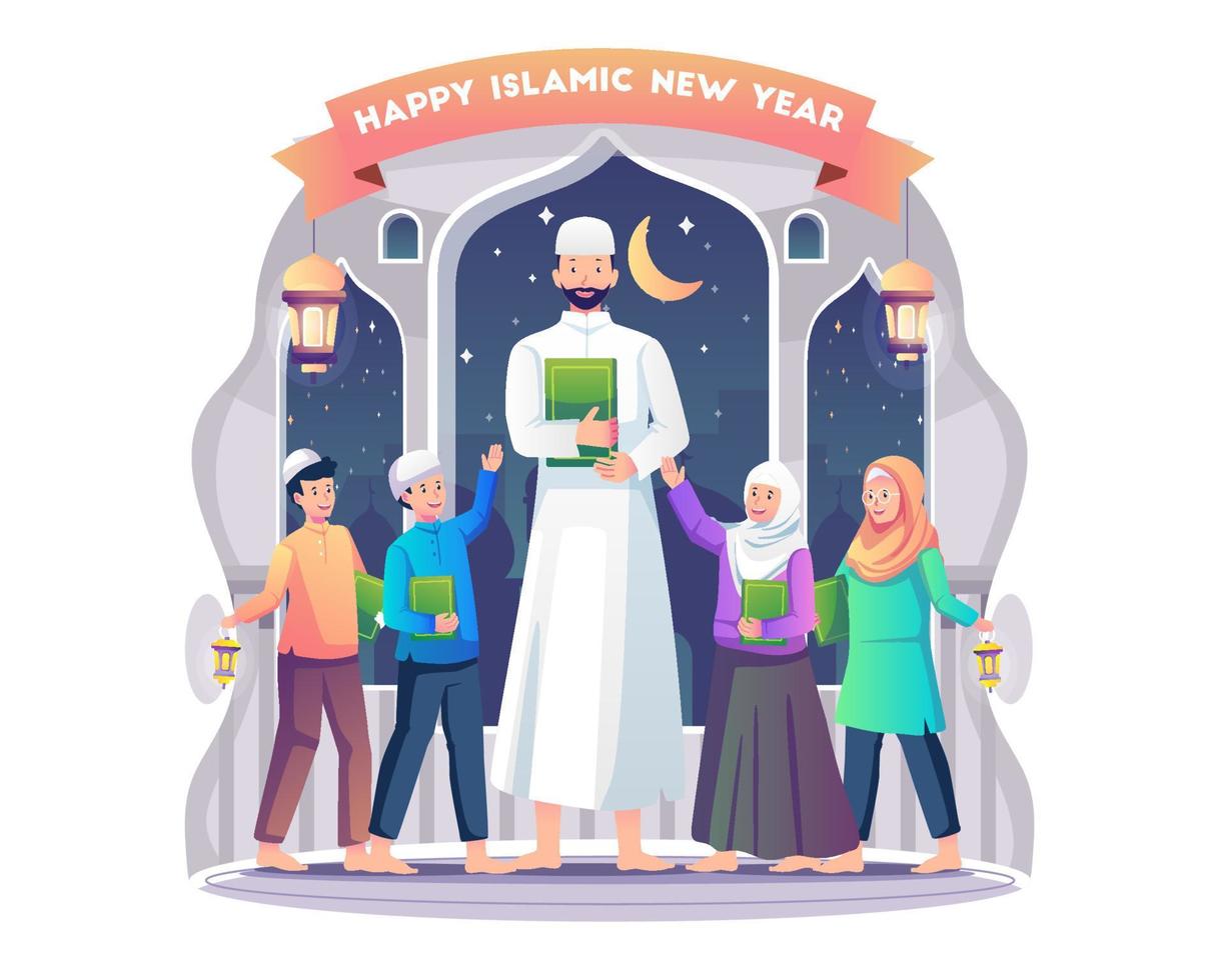 un insegnante musulmano celebra il capodanno islamico con i suoi studenti leggendo insieme il Corano. illustrazione vettoriale in stile piatto