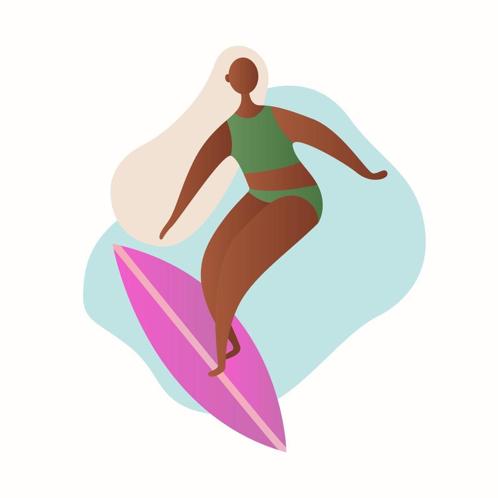 giovane surfista donna felice in costume da bagno con tavola da surf nelle sue mani. attività ricreative, sport acquatici. vacanze estive. vacanza tropicale, turistico, viaggio. illustrazione piatta disegnata a mano. vettore