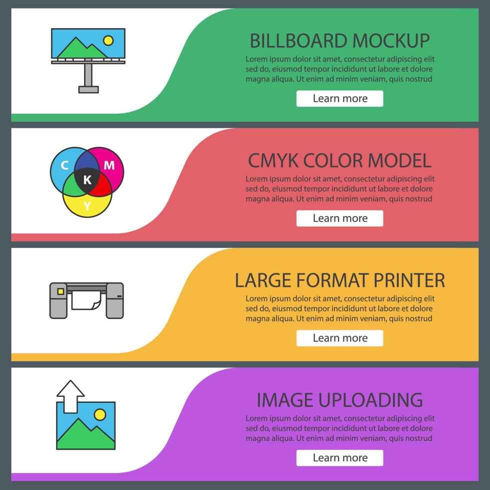 set di modelli di banner web per la stampa. poligrafia e tipografia. mockup cartellone pubblicitario, modello a colori cmyk, stampante di grande formato, caricamento immagini. voci di menu a colori del sito Web. concetti di progettazione di intestazioni vettoriali