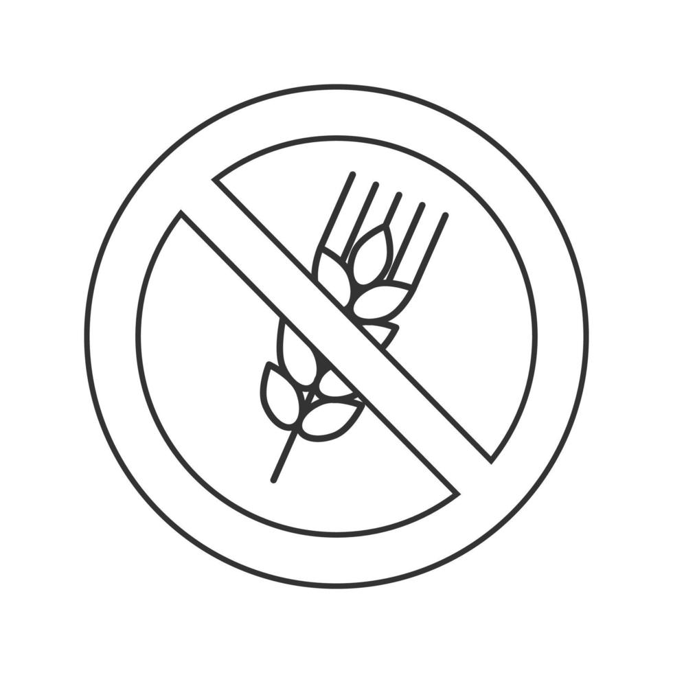 segno proibito con icona lineare di spighe di grano. illustrazione al tratto sottile. senza glutine. simbolo di arresto del contorno. disegno di contorno isolato vettoriale