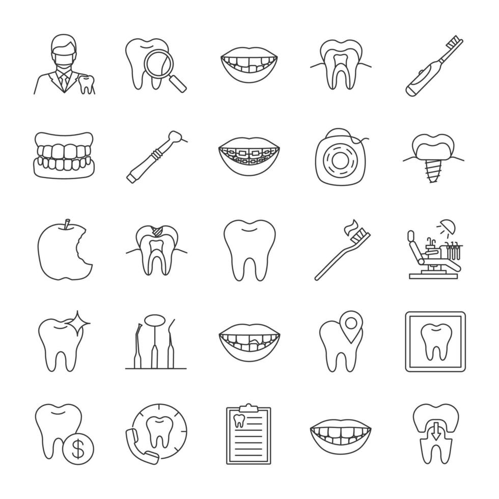 set di icone lineari di odontoiatria. stomatologia. servizi di studio dentistico, strumenti, igiene dei denti, problemi. simboli di contorno di linee sottili. illustrazioni di contorno vettoriale isolate