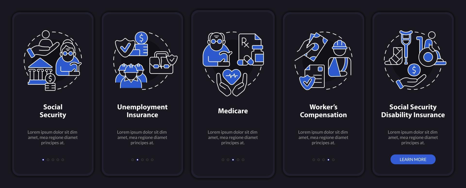 schermata dell'app mobile per l'onboarding della modalità notturna dell'assicurazione sociale federale. procedura dettagliata 5 passaggi pagine di istruzioni grafiche con concetti lineari. ui, ux, modello gui. vettore