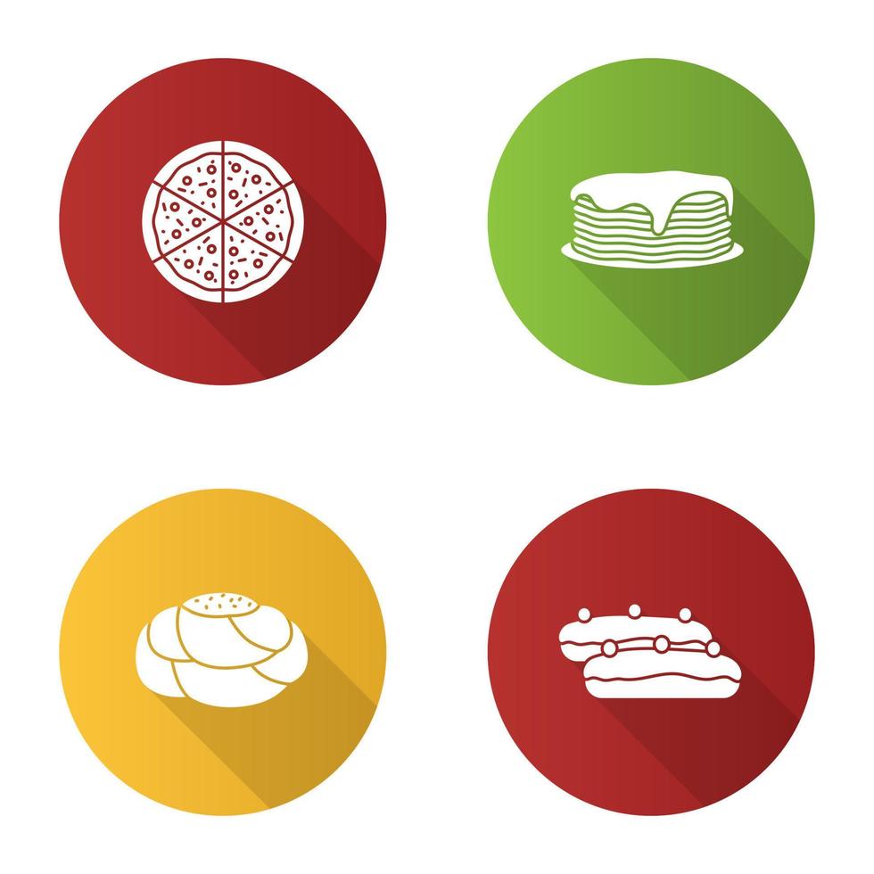 set di icone del glifo con ombra lunga design piatto da forno. pizza, pila di frittelle, pane di pasticceria, bignè. illustrazione della siluetta di vettore