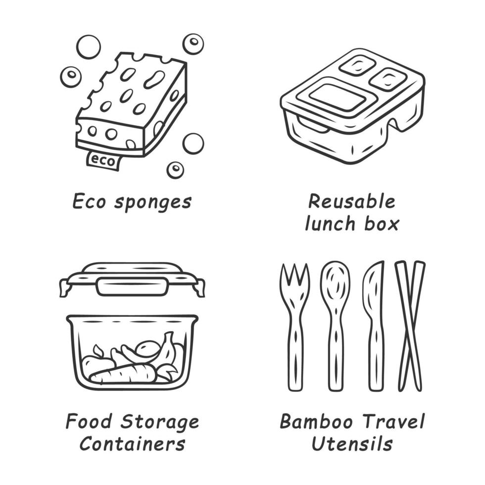 set di icone lineari fatte a mano a zero rifiuti. materiali ecocompatibili. spugne ecologiche, lunch box riutilizzabili, contenitori per alimenti. simboli di contorno di linee sottili. illustrazioni di contorno vettoriale isolate. tratto modificabile