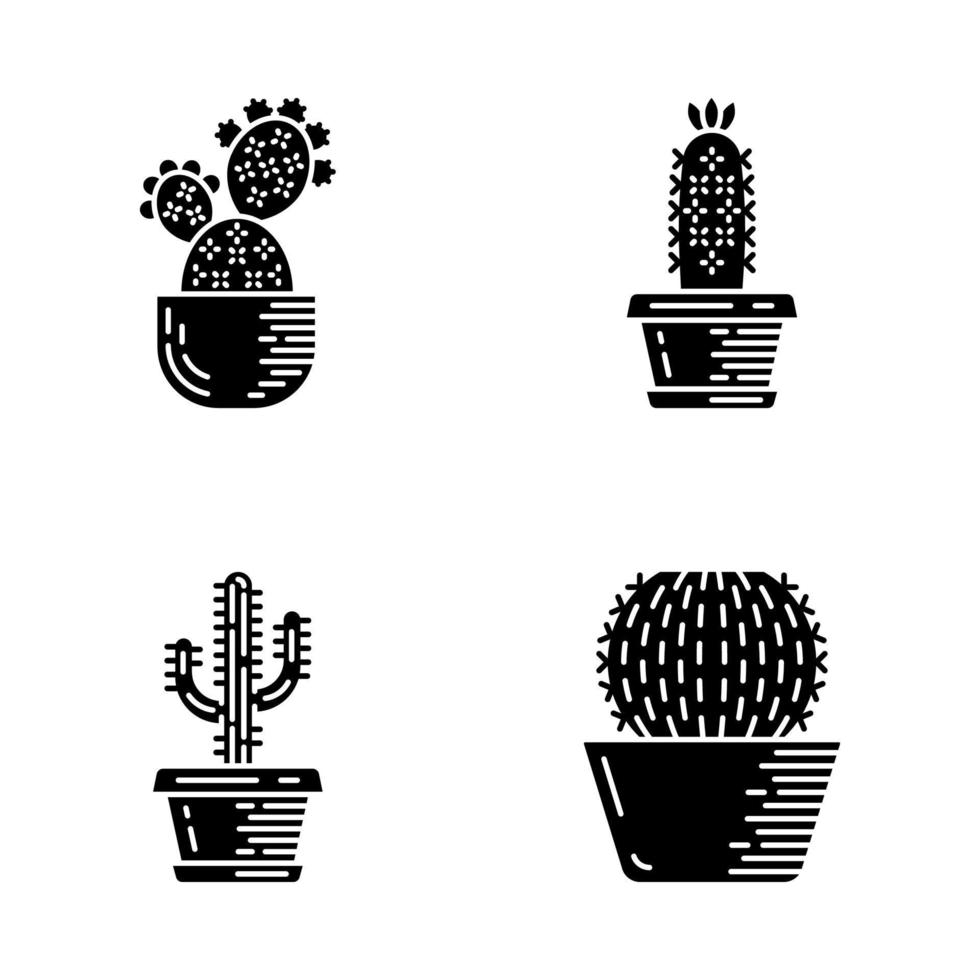 cactus di casa in vaso glifo icone impostate. succulente. collezione di cactus. fico d'India, riccio, saguaro, cactus barile. simboli di sagoma. illustrazione vettoriale isolato