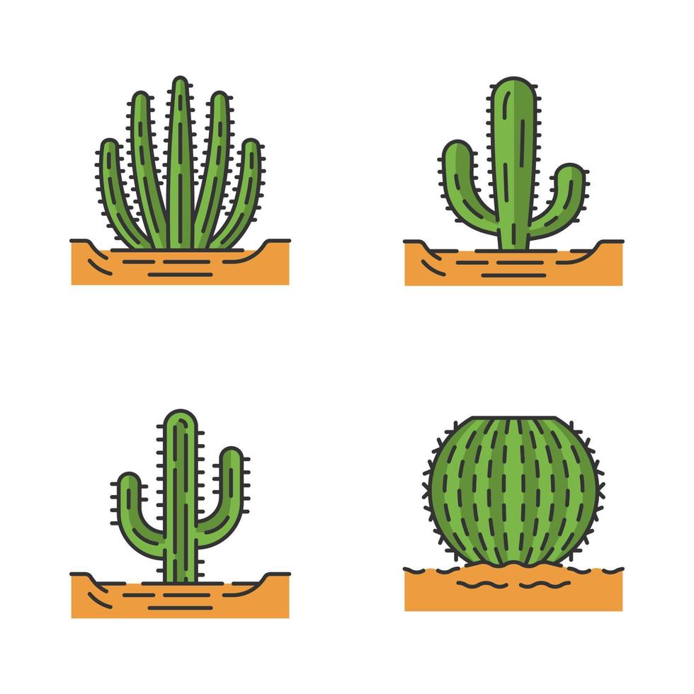 cactus selvatici nel set di icone di colore del suolo. succulente. piante spinose. cactus a botte, saguaro, gigante messicano, cactus a canne d'organo. illustrazioni vettoriali isolate