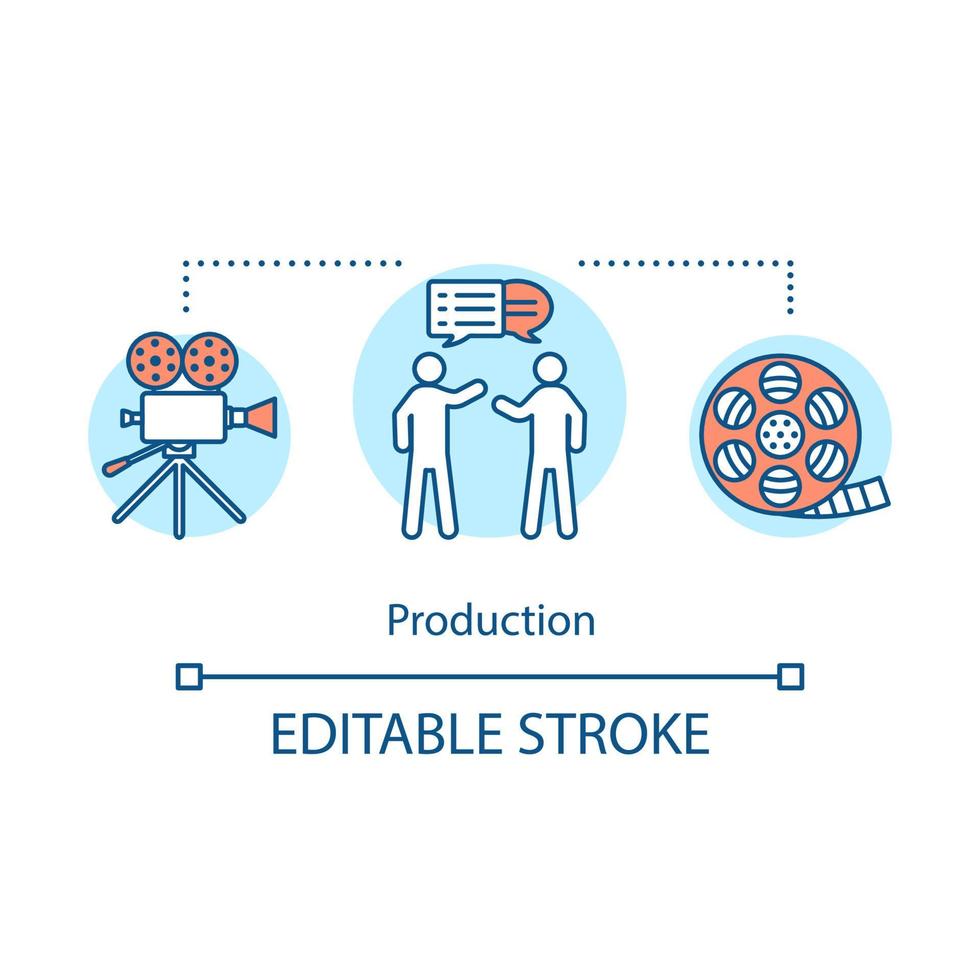 icona del concetto di produzione video. illustrazione al tratto sottile di idea per la realizzazione di film. cinematografia. produzione cinematografica. industria cinematografica. discussione sul copione. riprese. disegno di contorno isolato vettoriale. tratto modificabile vettore