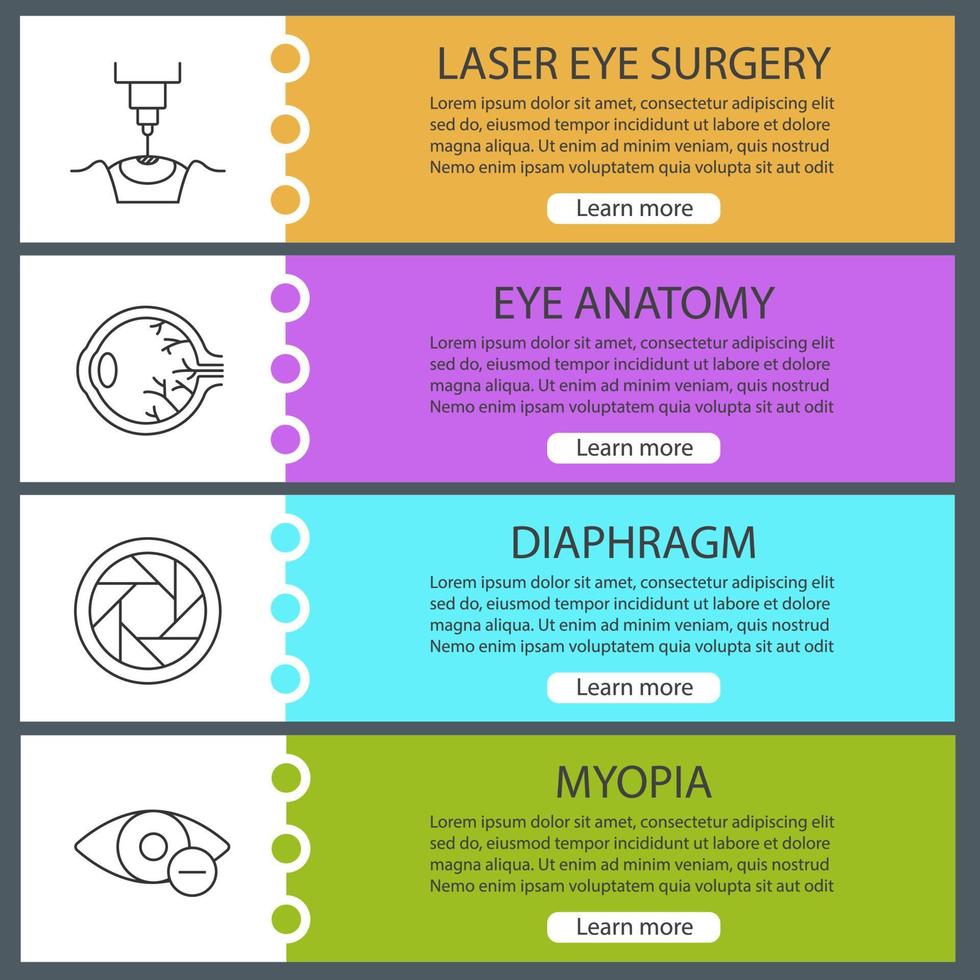 set di modelli di banner web di oftalmologia. chirurgia laser, anatomia dell'occhio, diaframma, miopia. voci di menu a colori del sito Web con icone lineari. concetti di progettazione di intestazioni vettoriali