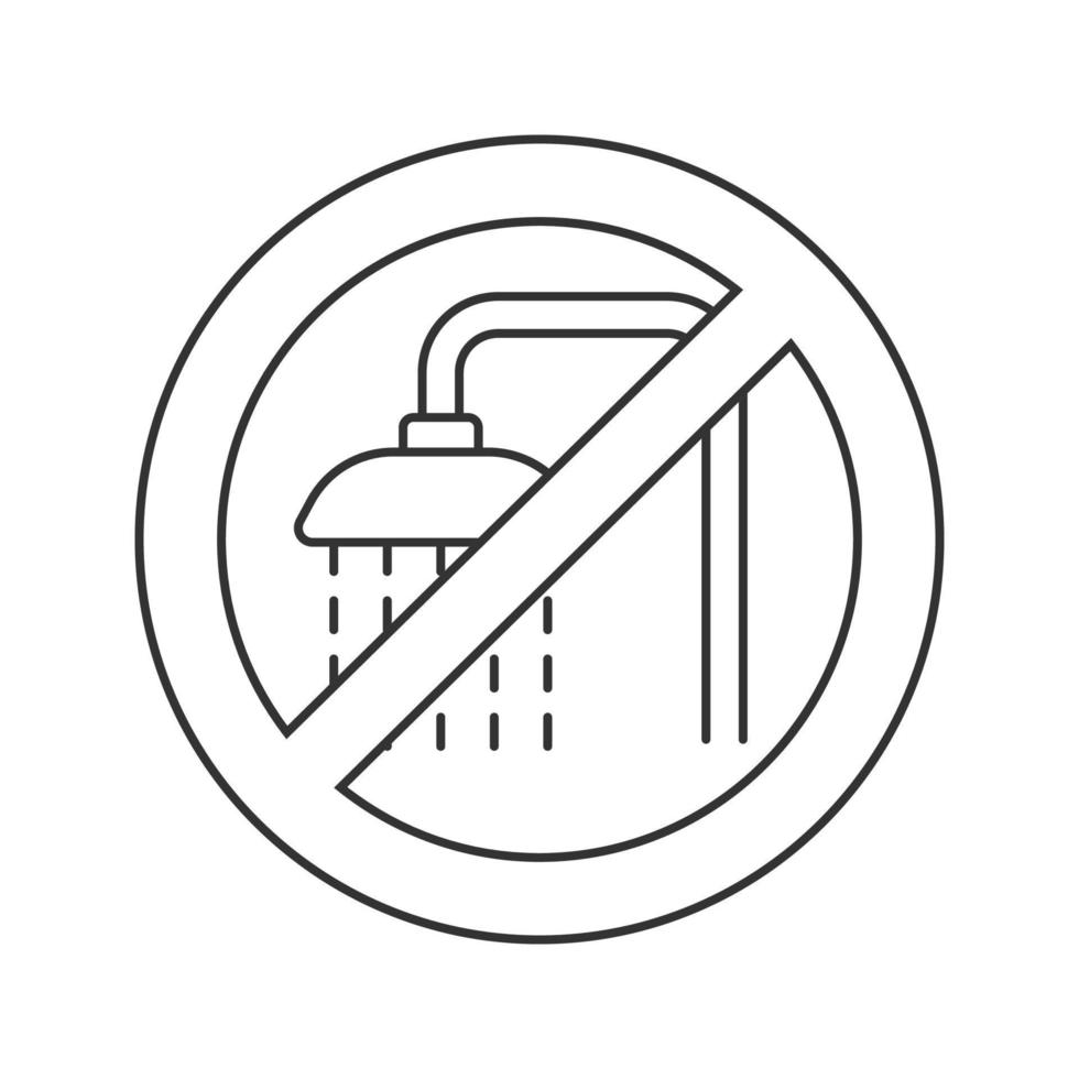 segno proibito con icona lineare del rubinetto della doccia. illustrazione al tratto sottile. non utilizzare l'unità in acqua. simbolo di arresto del contorno. disegno di contorno isolato vettoriale
