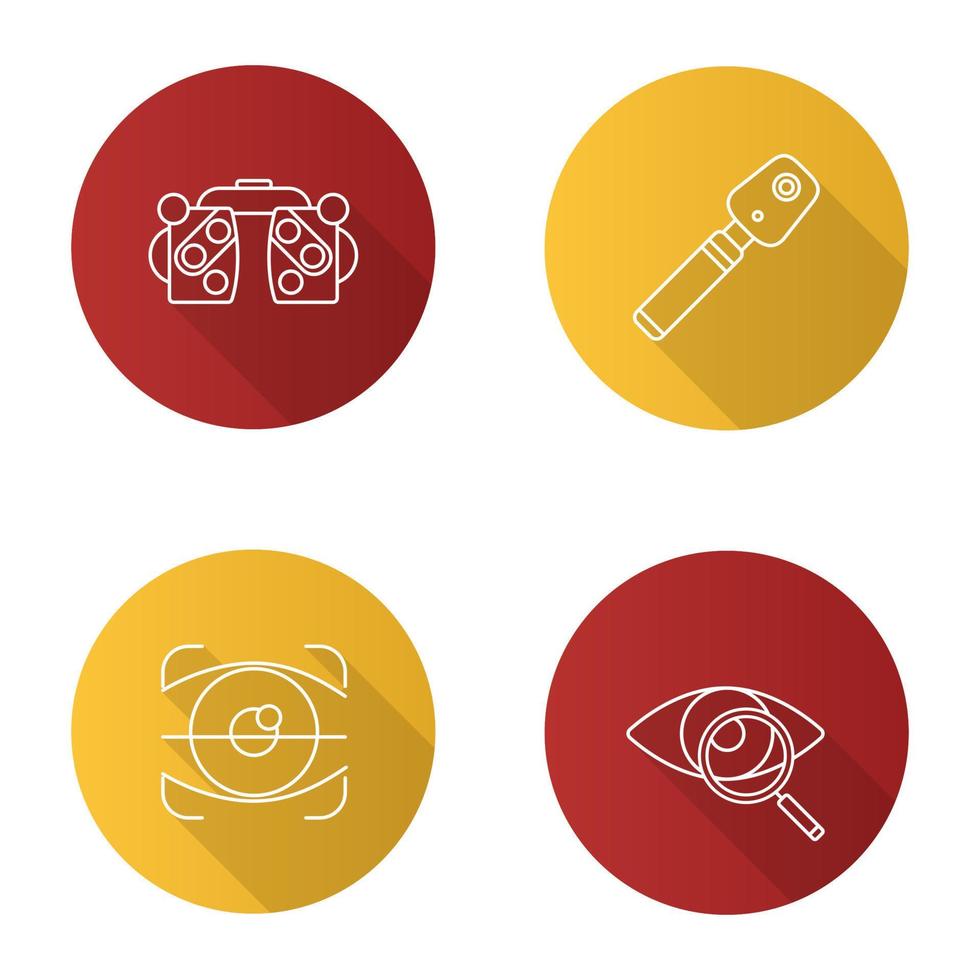 set di icone a ombra lunga lineare piatta per oftalmologia. forottero, oftalmoscopio, scansione della retina, test della vista. illustrazione del contorno vettoriale