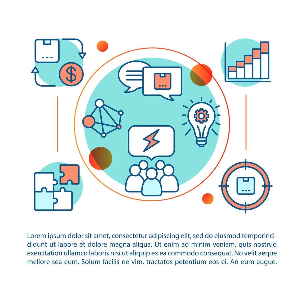 modello vettoriale della pagina dell'articolo dell'agenzia di branding. gestione del marchio. analisi strategica, pianificazione. brochure, elemento di design rivista con icone lineari. disegno di stampa. illustrazioni concettuali con spazio di testo