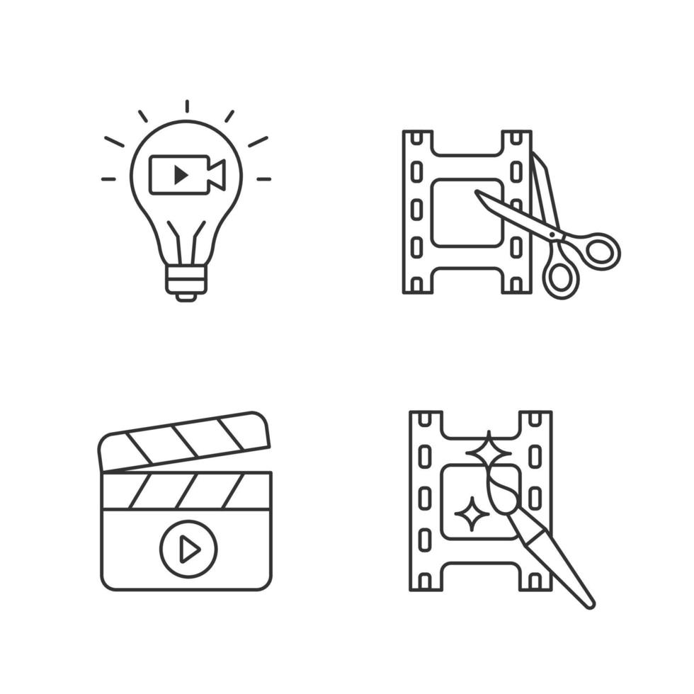 set di icone lineari dell'industria cinematografica. idea di film, taglio e montaggio video, realizzazione di film. simboli di contorno di linee sottili. illustrazioni di contorno vettoriale isolate. tratto modificabile