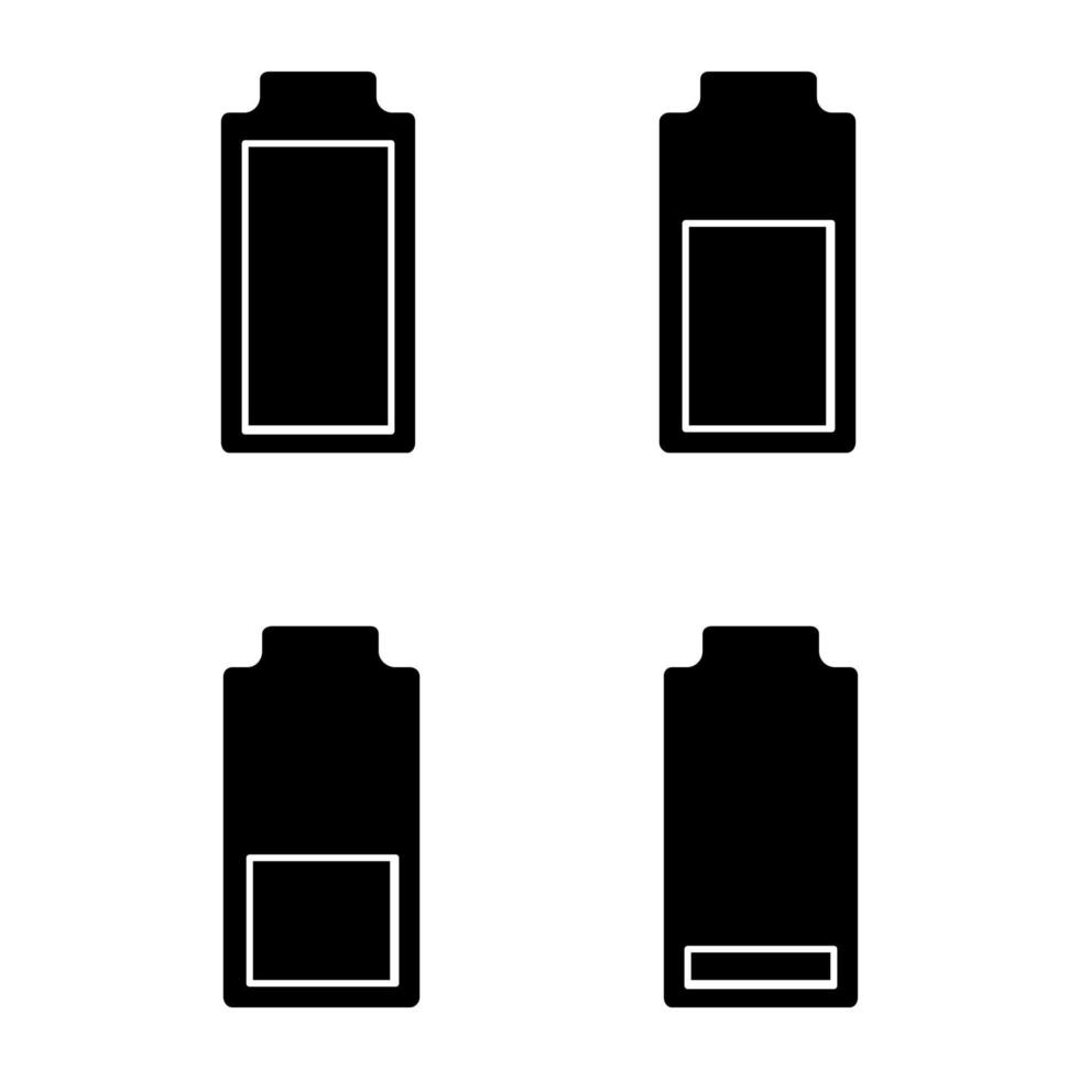icone del glifo di ricarica della batteria impostate. indicatori del livello della batteria. carica bassa, media e alta. simboli di sagoma. illustrazione vettoriale isolato