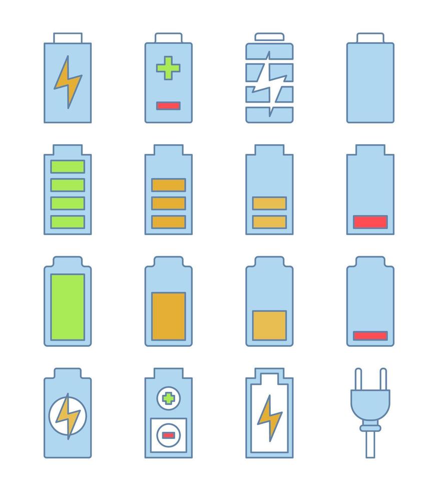 set di icone a colori per la ricarica della batteria. indicatori di livello della batteria. carica bassa, media e alta. illustrazioni vettoriali isolate