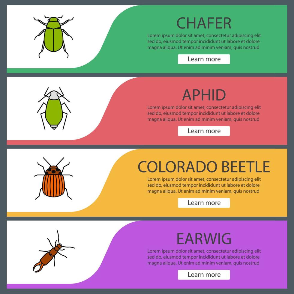 set di modelli di banner web insetti. chafer, afide, scarabeo del Colorado, forbicina. voci di menu a colori del sito Web. concetti di progettazione di intestazioni vettoriali