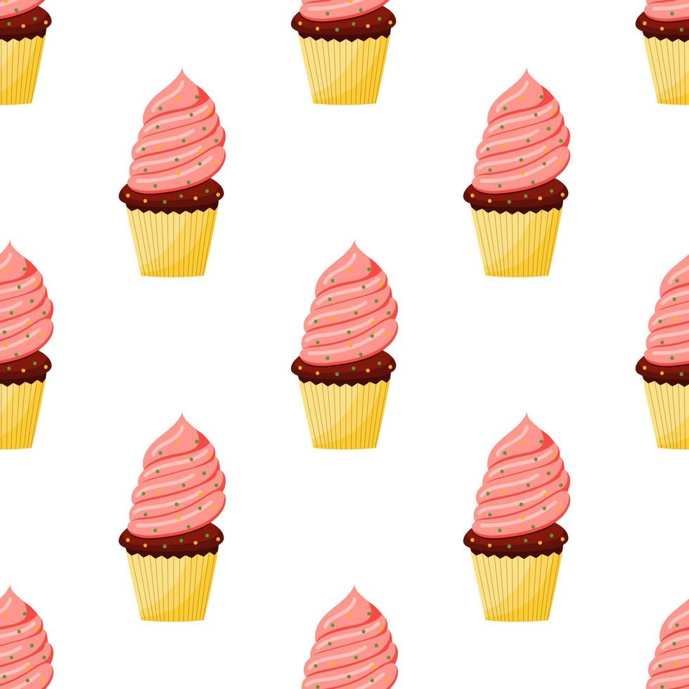Cupcake al cioccolato senza cuciture con crema rosa. illustrazione vettoriale su sfondo bianco.