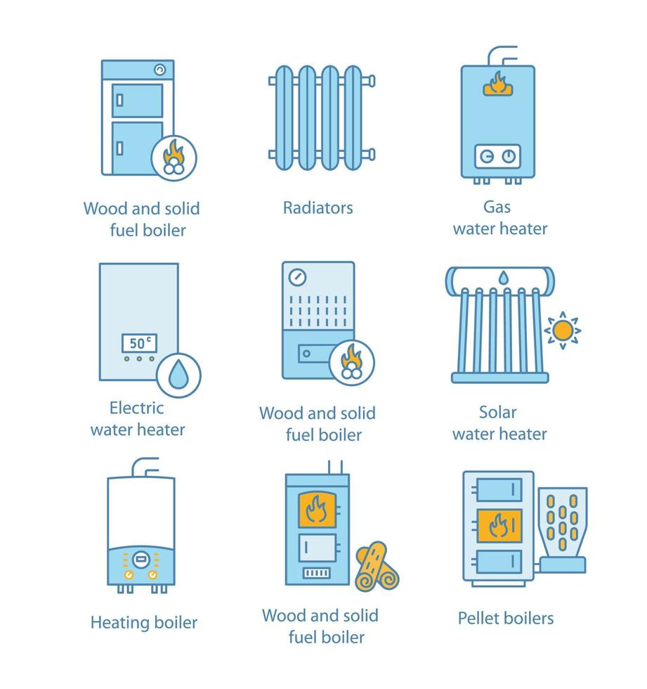 set di icone di colore di riscaldamento. caldaie, radiatori, scaldabagni. caldaie a gas, elettriche, combustibili solidi, pellet, solari. centrali termiche commerciali, industriali e domestiche. illustrazioni vettoriali isolate