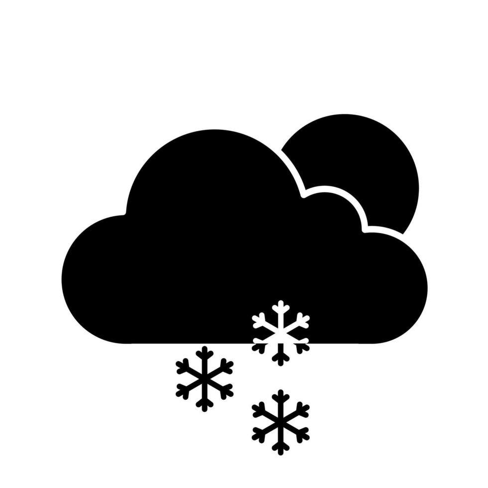 icona del glifo con neve sparsa. nevoso. neve leggera. parzialmente nuvoloso. clima invernale. nuvola, fiocco di neve e sole. previsioni del tempo. simbolo della sagoma. spazio negativo. illustrazione vettoriale isolato