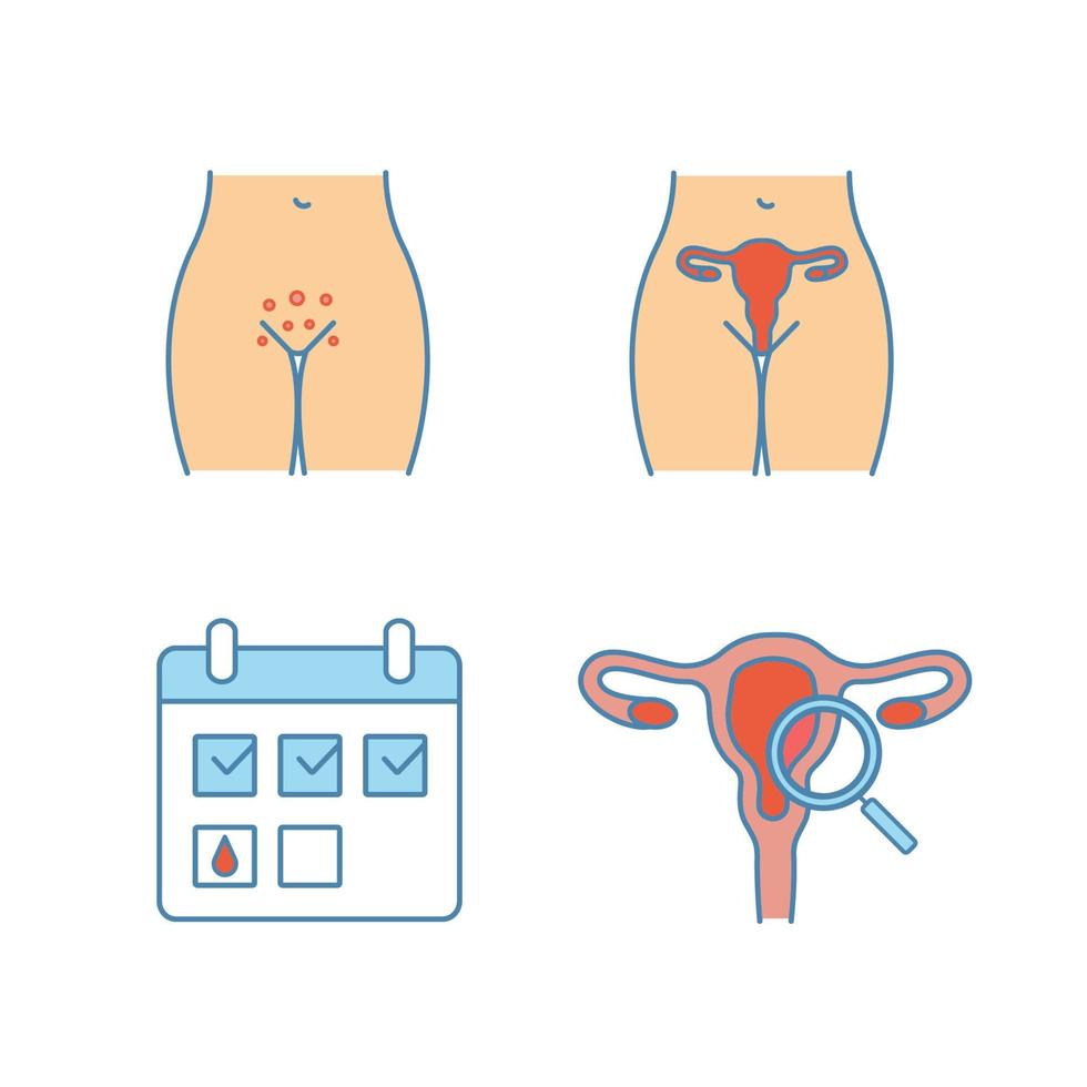 set di icone a colori per ginecologia. rash genitale, sistema riproduttivo femminile, calendario mestruale, visita ginecologica. illustrazioni vettoriali isolate