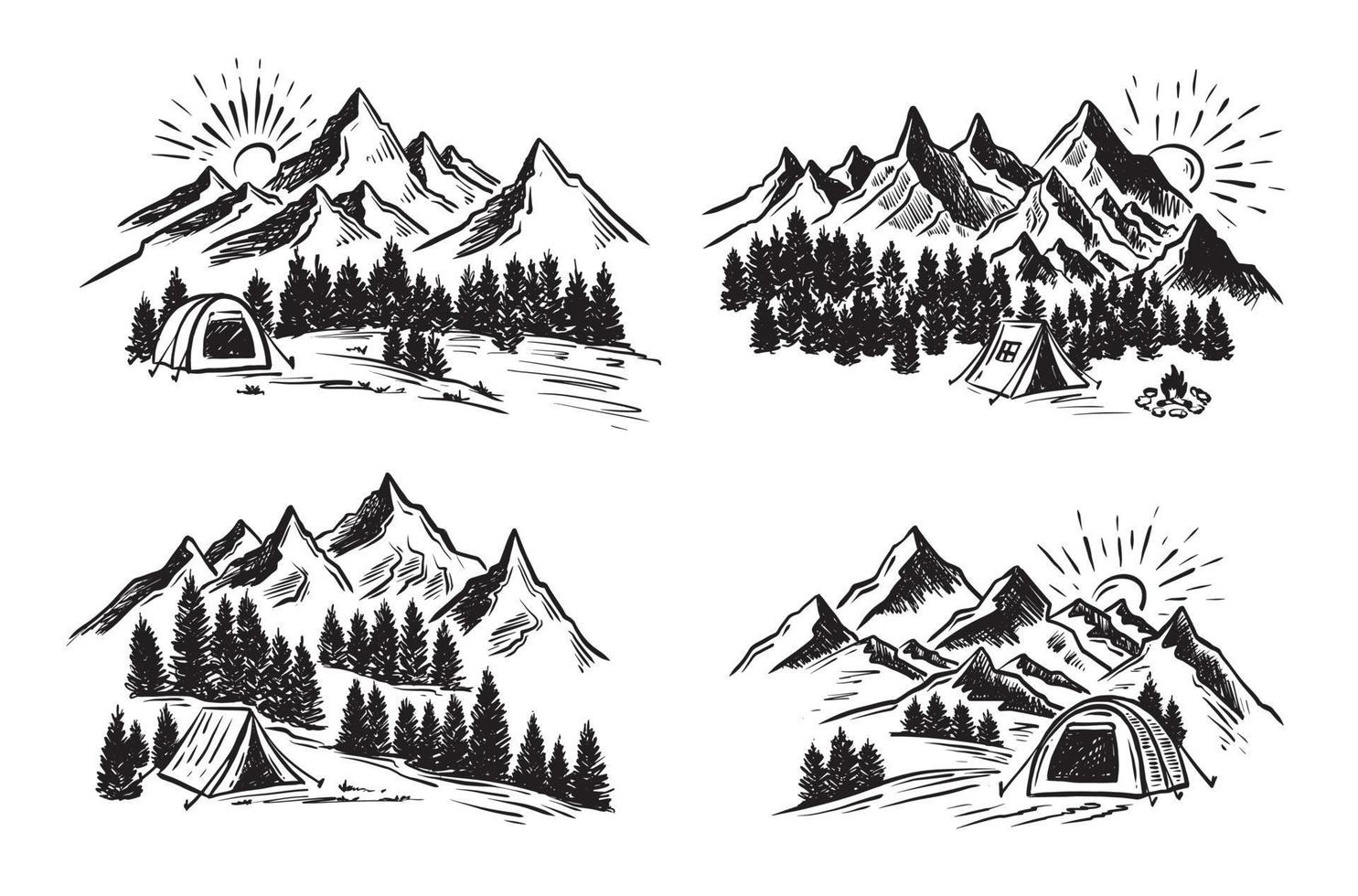 schizzo campeggio in natura, paesaggio di montagna, illustrazioni vettoriali. vettore
