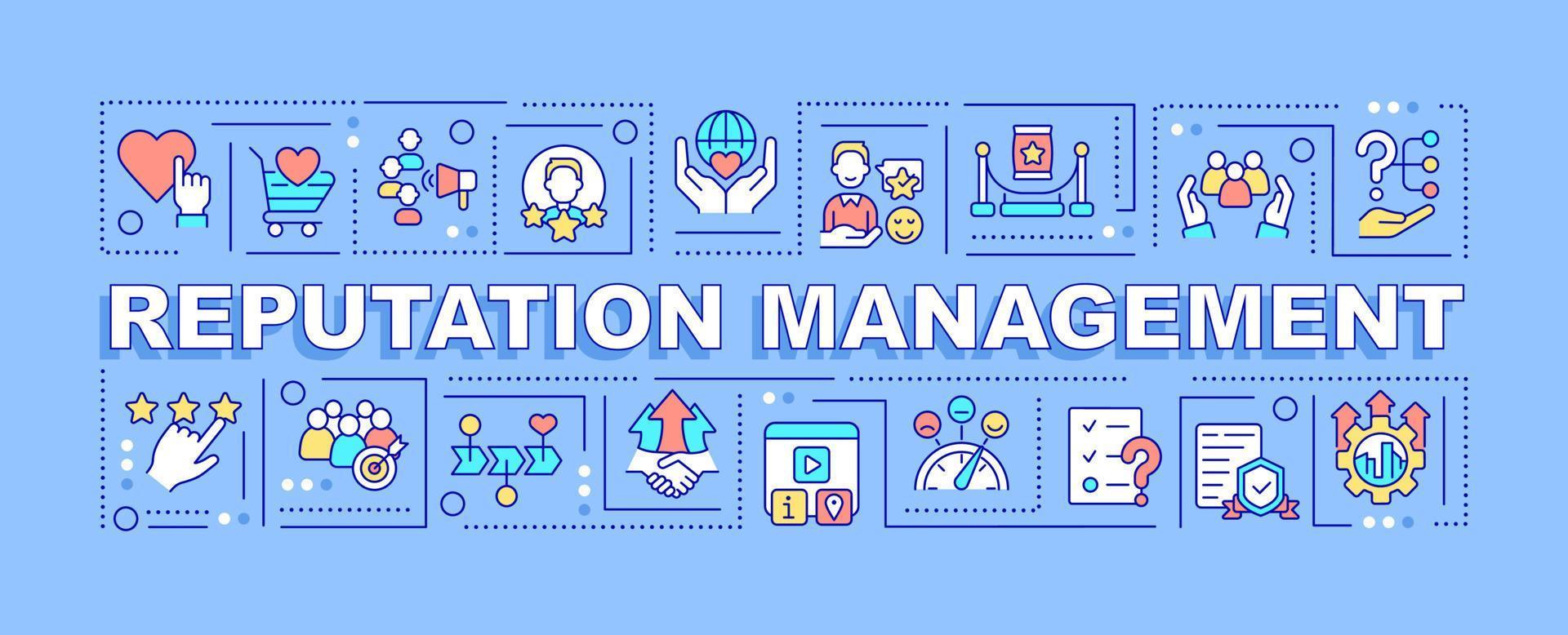 concetto di parola di gestione della reputazione banner blu. strategia di promozione delle pubbliche relazioni. infografica con icone su sfondo colorato. tipografia isolata. illustrazione vettoriale con testo.