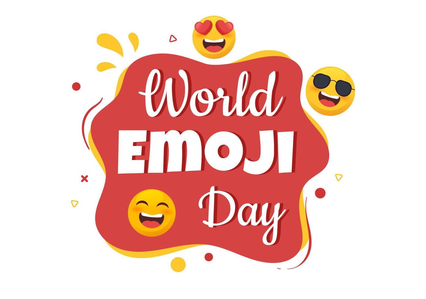 celebrazione della giornata mondiale delle emoji con eventi e versioni di prodotti in diverse espressioni facciali simpatici cartoni animati in un'illustrazione di sfondo piatto vettore