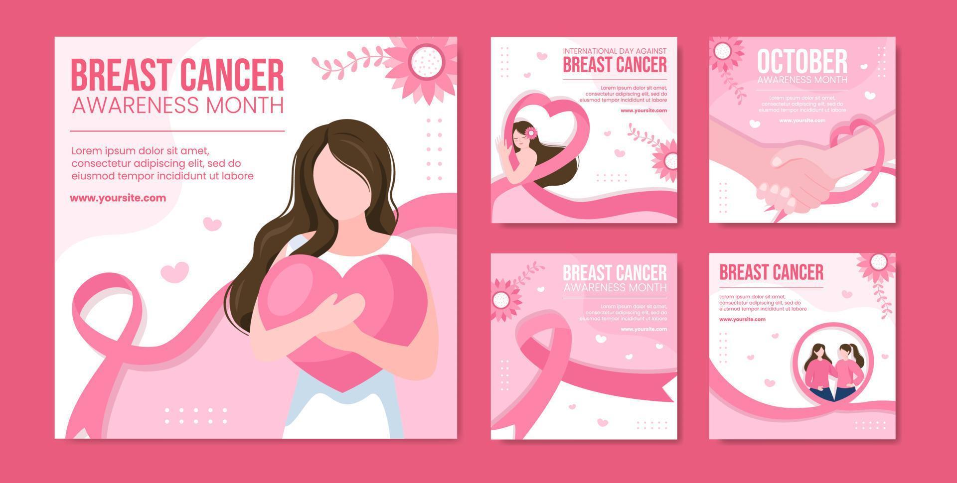 mese di consapevolezza del cancro al seno social media post modello piatto cartone animato sfondo illustrazione vettoriale