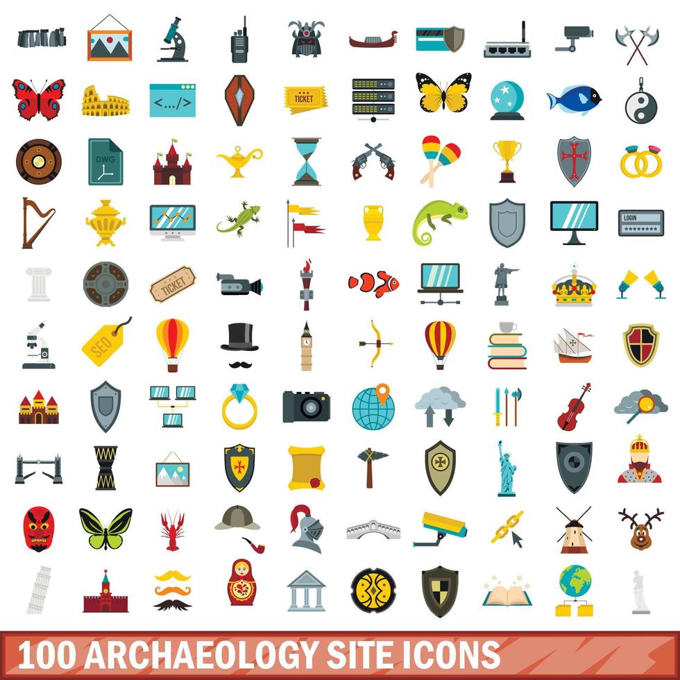 100 set di icone del sito archeologico, stile piatto vettore