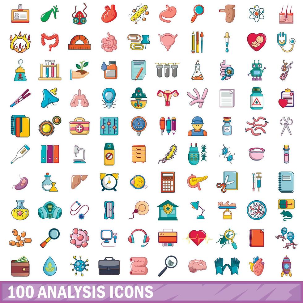 100 icone di analisi impostate, stile cartone animato vettore