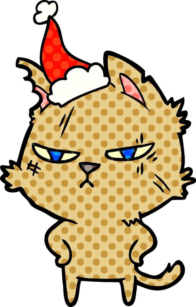 illustrazione in stile fumetto duro di un gatto che indossa il cappello di Babbo Natale vettore