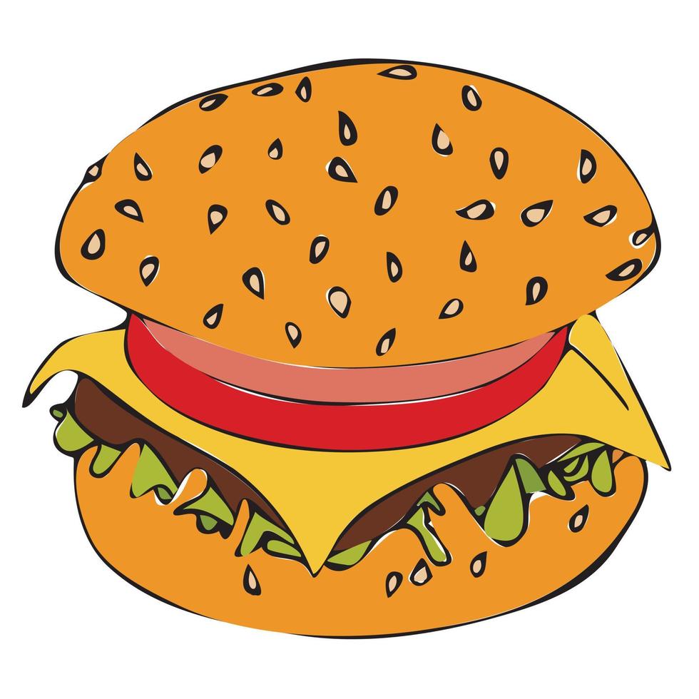 Hamburger. cibo di strada. Fast food. panino di grano con carne e verdure. semi di sesamo, cotoletta di carne, lattuga, fetta di pomodoro. illustrazione stock vettoriale isolato su uno sfondo bianco.