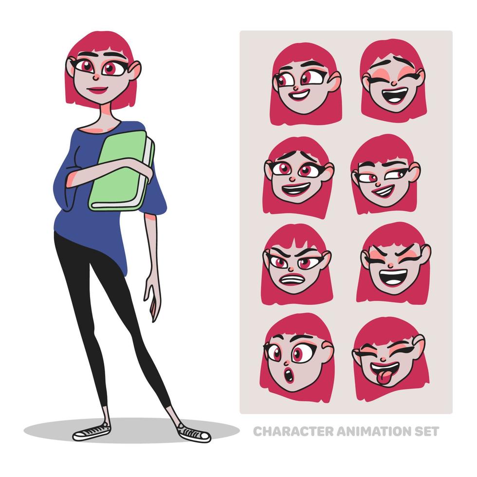 set di animazione del personaggio, giovane donna, in piena crescita, con un libro, che crea persone con emozioni, scarabocchio vettore