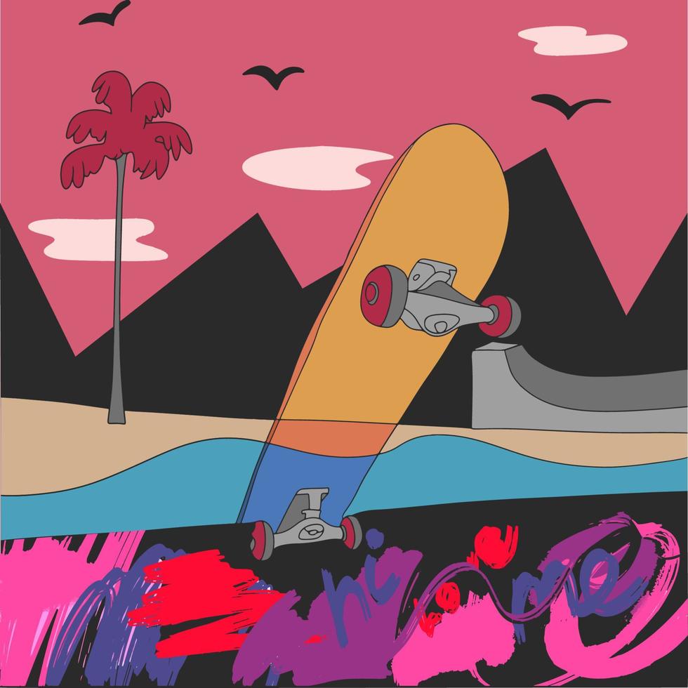 illustrazione vettoriale estiva, paesaggio, skateboard sulla spiaggia, graffiti sul marciapiede