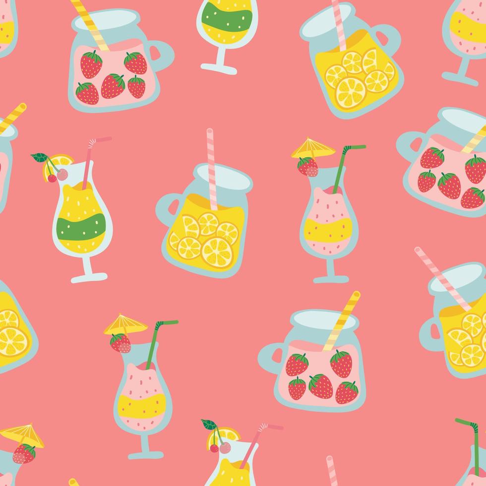 Reticolo senza giunte dei cocktail dell'alcool della frutta. bevande cocktail succhi di frutta in diversi modelli di bicchieri. disegno vettoriale senza cuciture per tessile, moda, carta, imballaggio, confezionamento e branding