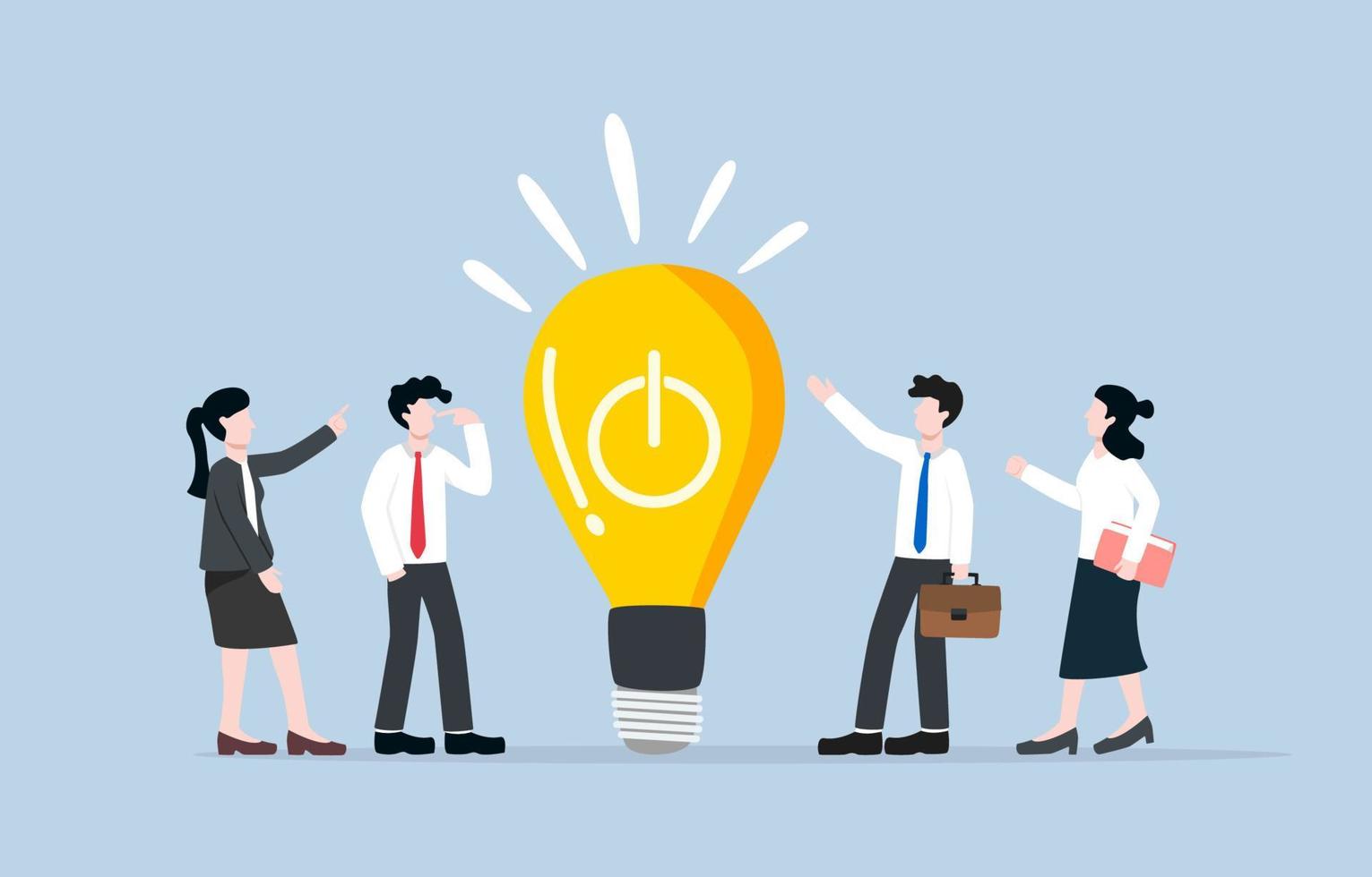 creatività o idea per avviare una nuova attività o creare una società di avvio, brainstorming di persone con un alto potere di pensiero per creare un nuovo concetto di innovazione. persone che si riuniscono per la lampadina dell'idea di avvio. vettore