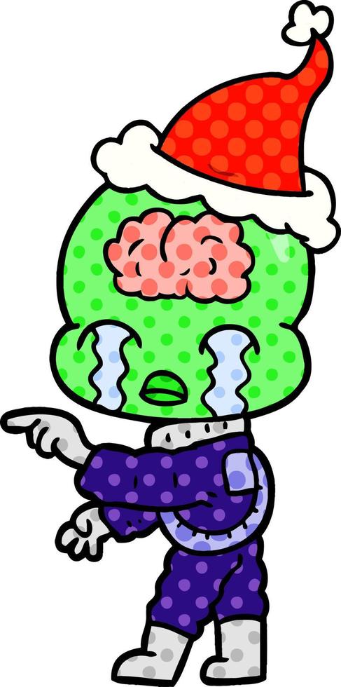 illustrazione in stile fumetto di un grande alieno cerebrale che piange e indica con indosso un cappello da Babbo Natale vettore