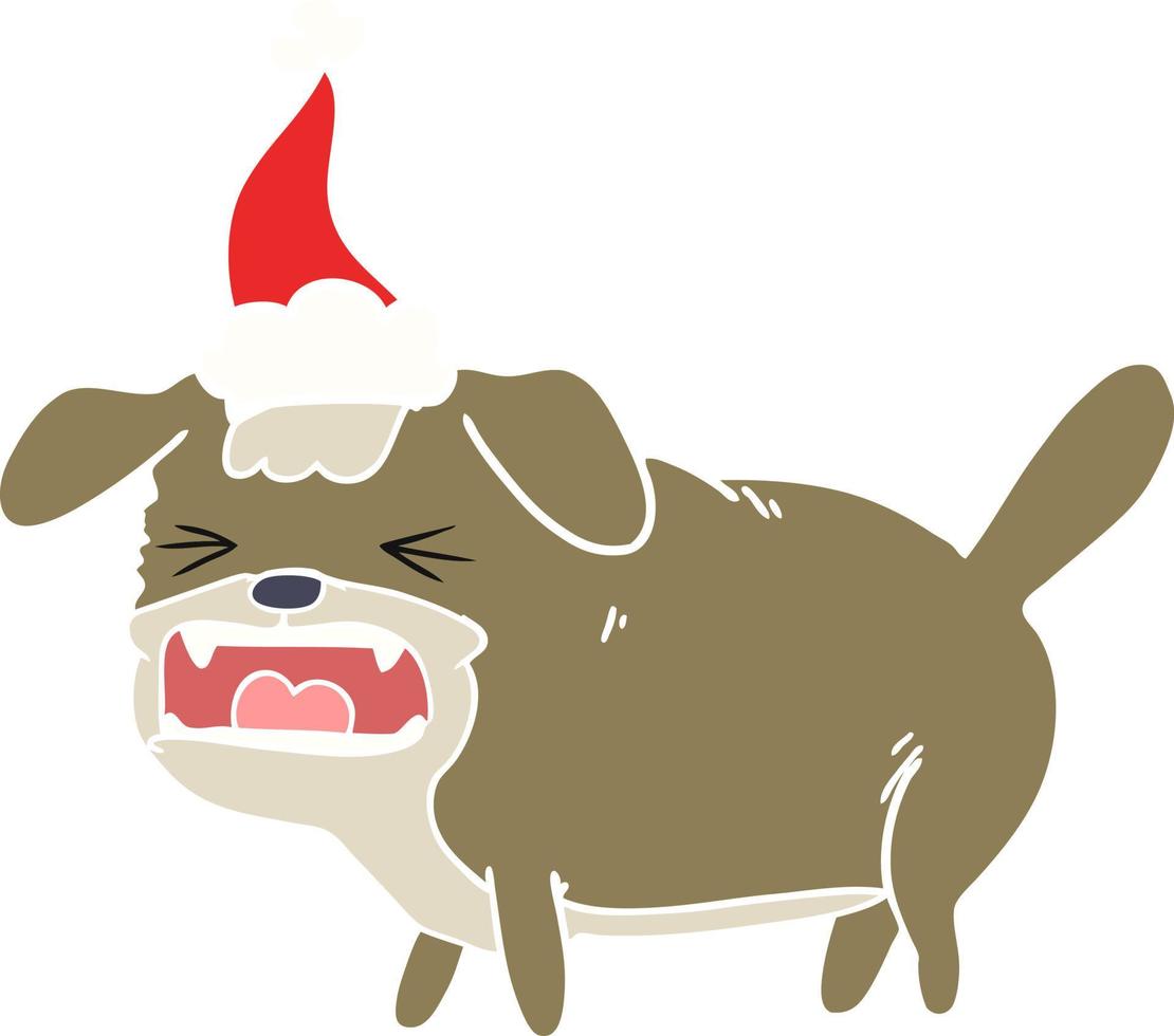 illustrazione a colori piatta di un cane che abbaia indossando il cappello di Babbo Natale vettore