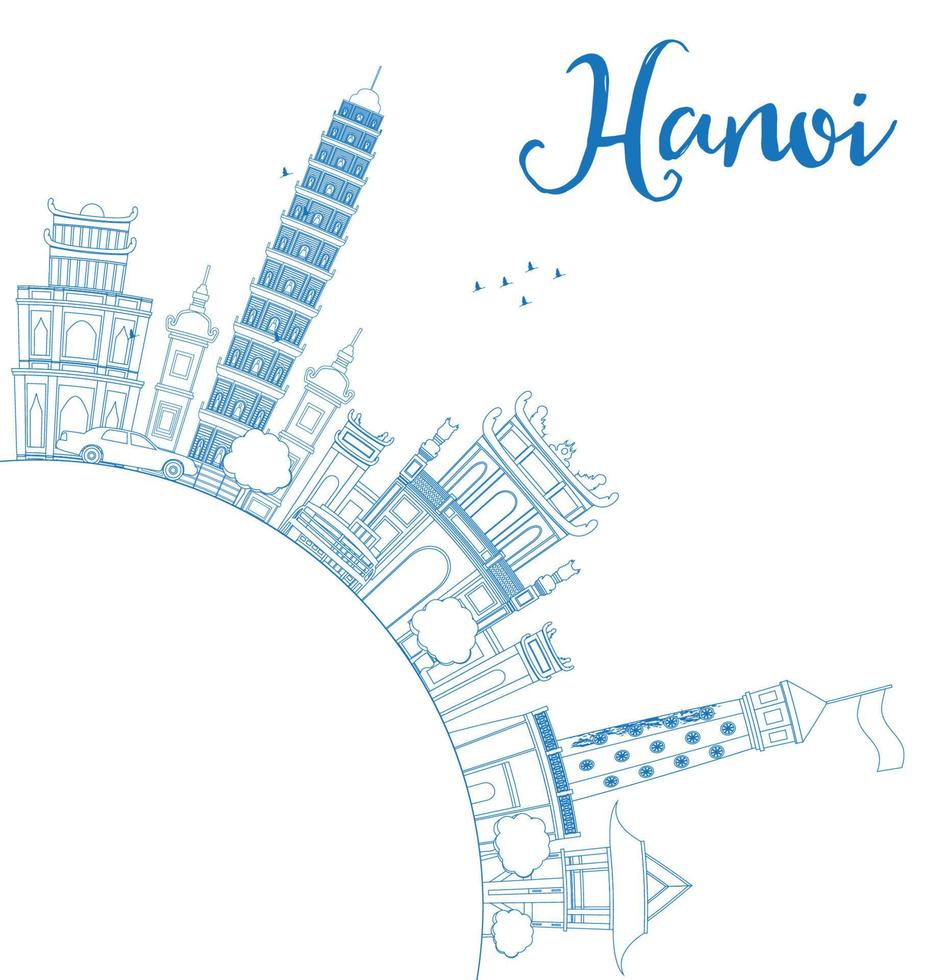 delinea lo skyline di hanoi con punti di riferimento blu e copia spazio. vettore