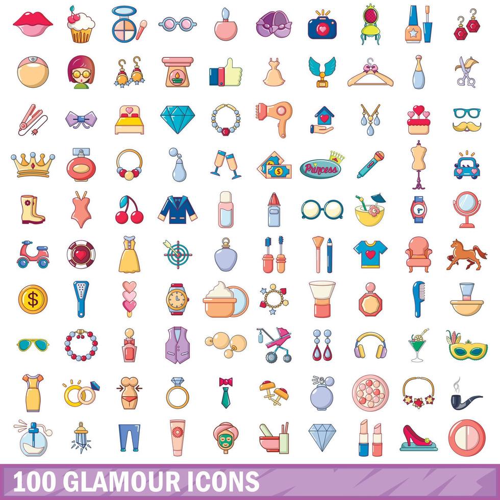 100 icone glamour impostate, stile cartone animato vettore